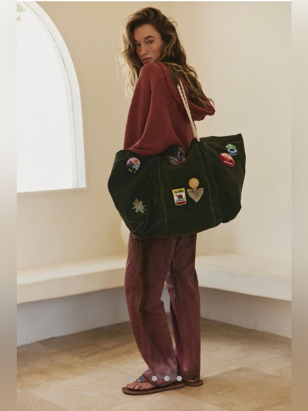Free People Been There Green Canvas Patch Embellished Tote Bag OS